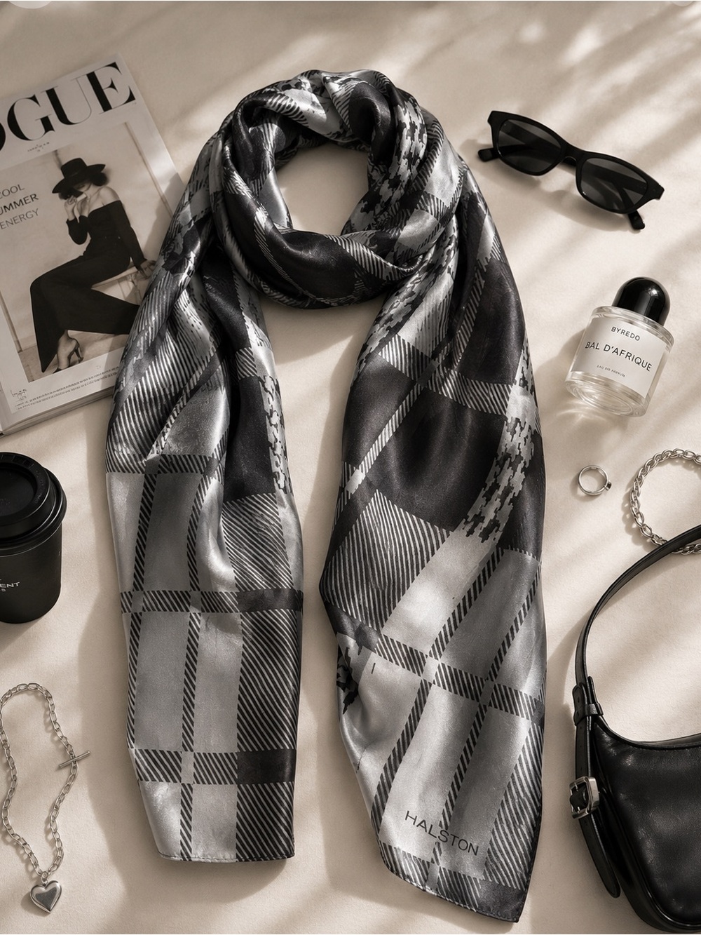 Silk Halston Heritage Black & Gray Plaid Silk Scarf